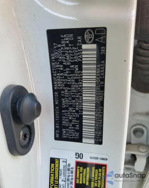 2018 Toyota Corolla L z USA, uszkodzony, nr VIN 2T1BURHE2JC982252